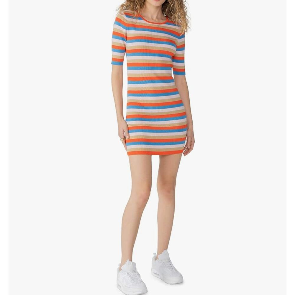 Sanctuary Ribbed Bodycon Short Sleeve Mini Dress Large Orange Blue Striped NWT